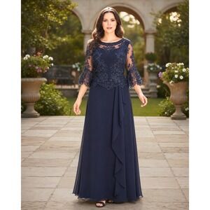 LE BOS Stunning Navy & Lace Overlay Bell Sleeve Sz 12 Formal Long Gown NWT!